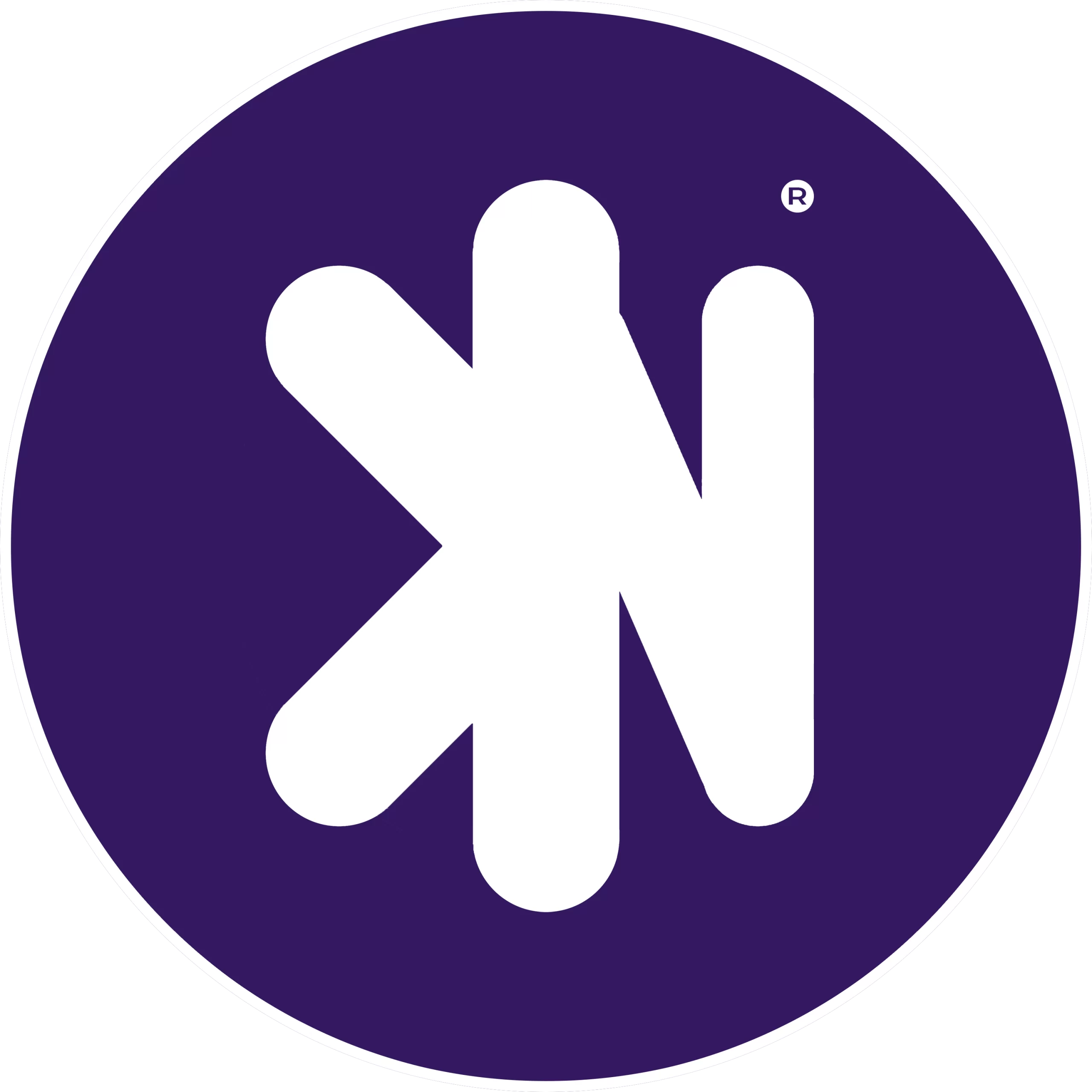 Logo redonda na cor roxa contendo as letras Kn